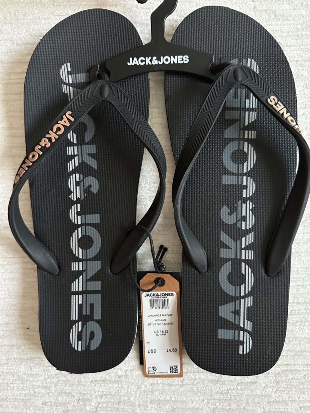 Jack & Jones Black Flip Flops with Subtle Tan Logo Accents